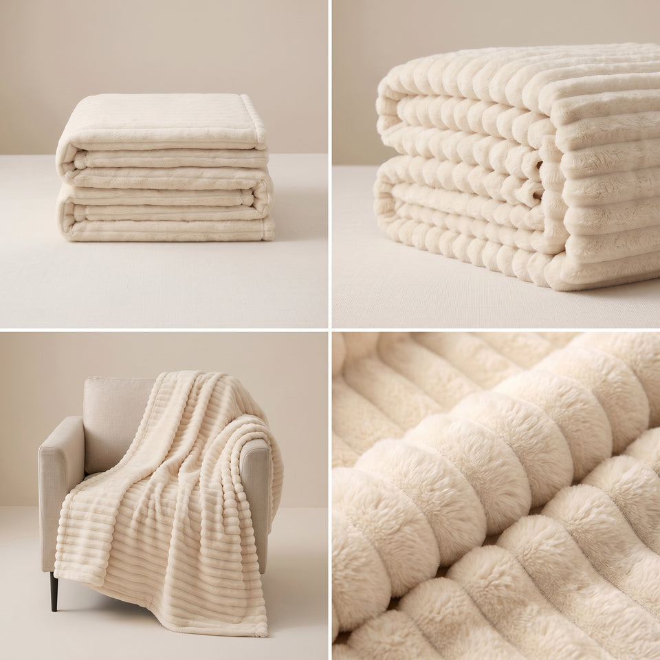 SOGA 230x200cm Cream Flannel Polyester Throw Blanket
