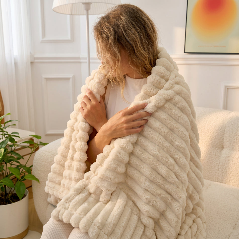 SOGA 150x200cm Cream Flannel Polyester Throw Blanket