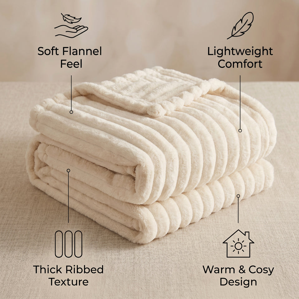 SOGA 150x200cm Cream Flannel Polyester Throw Blanket