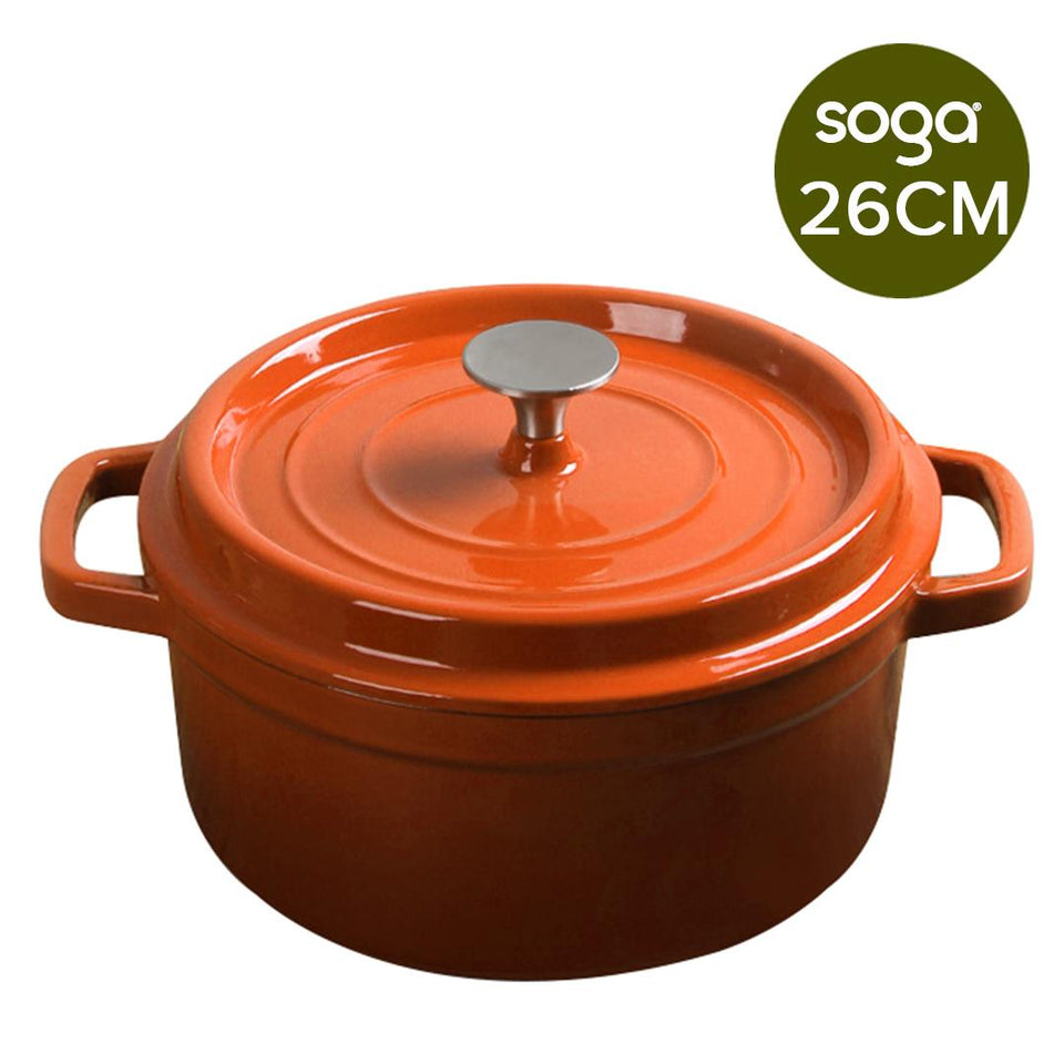 SOGA Cast Iron Enamel Porcelain Stewpot Casserole Stew Cooking Pot With Lid 5L Orange 26cm