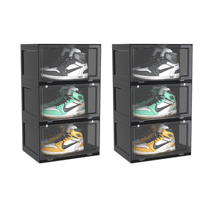 SOGA 2X 3 Tier Black Portable Shoe Organiser Sneaker Footwear Folding Plastic Bin Stackable Storage Box with Magnetic Door