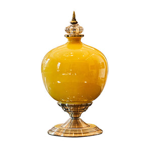 SOGA 38cm Ceramic Oval Flower Vase with Gold Metal Base Yellow