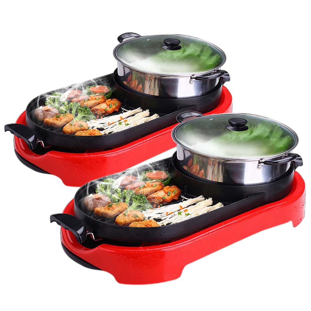 SOGA 2X 2 in 1 BBQ Electric Pan Grill Teppanyaki Stainless Steel Hot Pot Steamboat Red