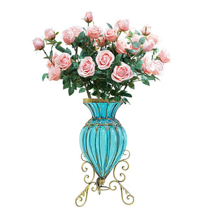 SOGA Blue Colored Glass Floor Flower Vase 8 Bunch 5 Heads Artificial Fake Silk Rose Home Decor Set