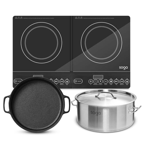SOGA Dual Burners Cooktop Stove 30cm Cast Iron Skillet and 14L Stainless Steel Stockpot