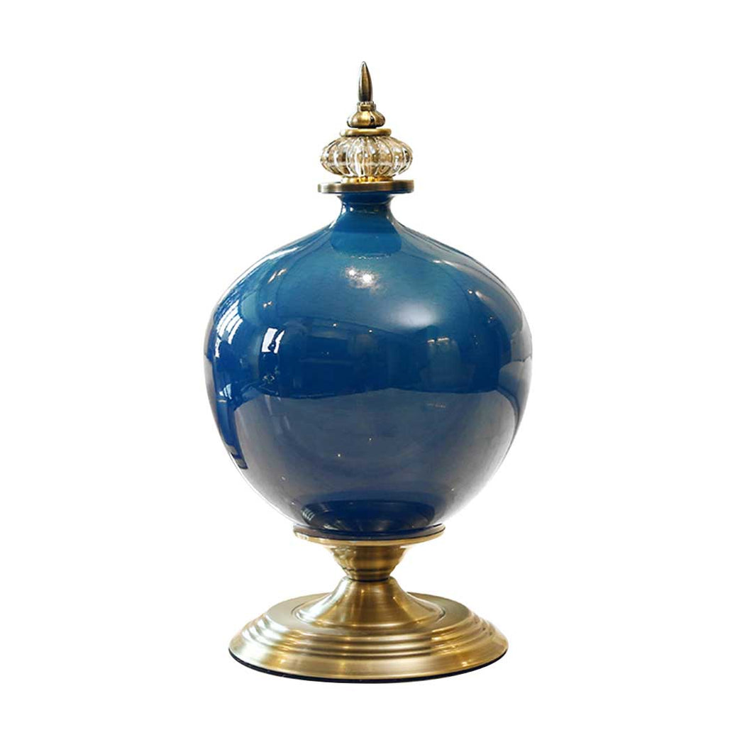 SOGA 38cm Ceramic Oval Flower Vase with Gold Metal Base Dark Blue
