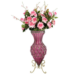 SOGA 67cm Purple Glass Tall Floor Vase and 12pcs Pink Artificial Fake Flower Set