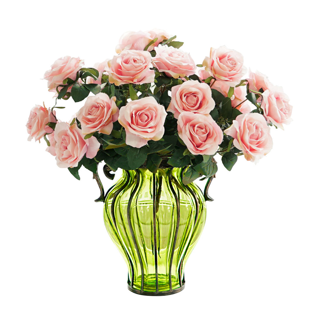 SOGA Green Colored Glass Flower Vase with 4 Bunch 9 Heads Artificial Fake Silk Rose Home Decor Set