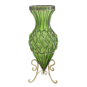 SOGA 67cm Green Glass Tall Floor Vase with Metal Flower Stand