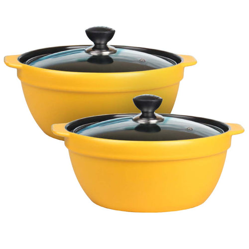 2X 3.5L Ceramic Casserole Stew Cooking Pot with Glass Lid Yellow