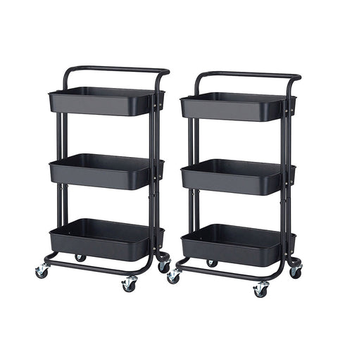 SOGA 2X 3 Tier Steel Black Movable Kitchen Cart Multi-Functional Shelves Storage Organizer with Wheels