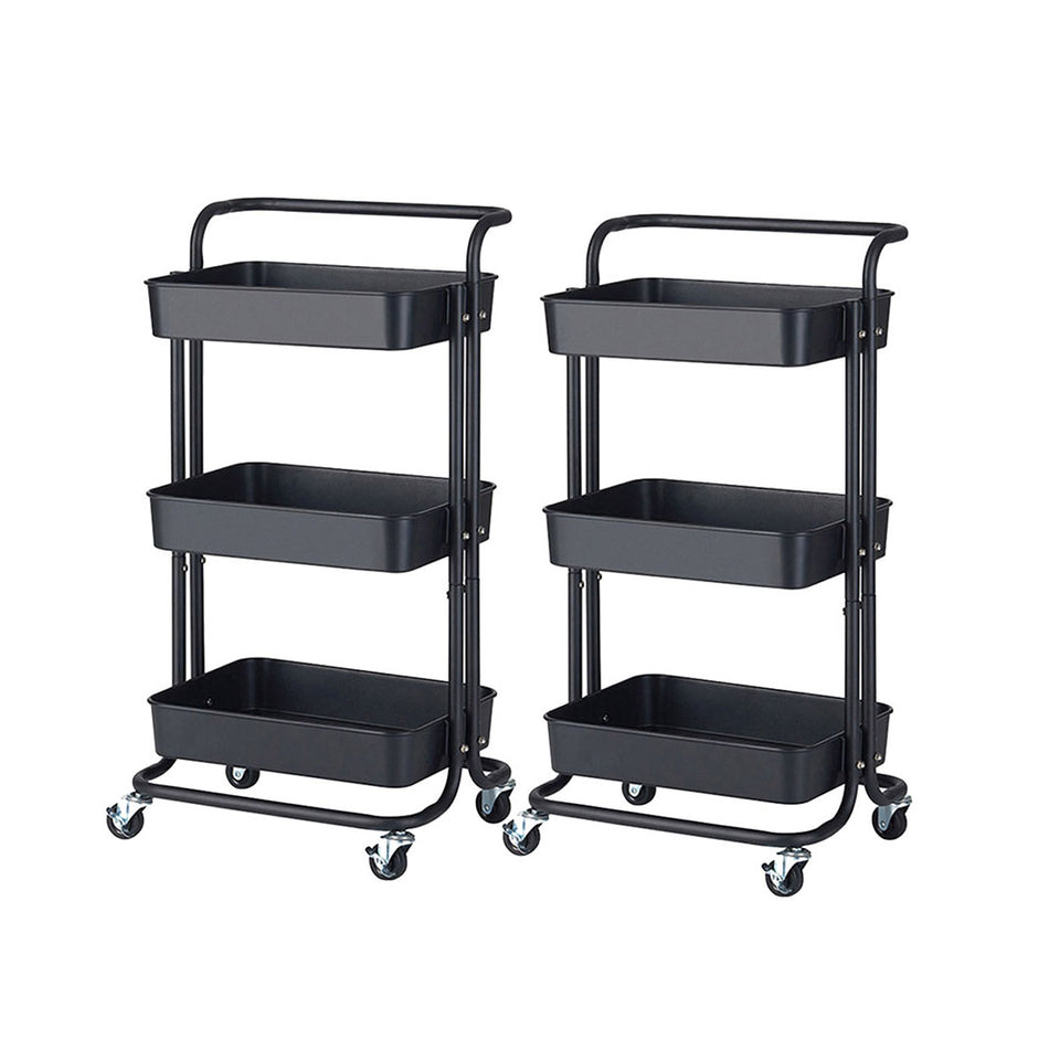 SOGA 2X 3 Tier Steel Black Movable Kitchen Cart Multi-Functional Shelves Storage Organizer with Wheels