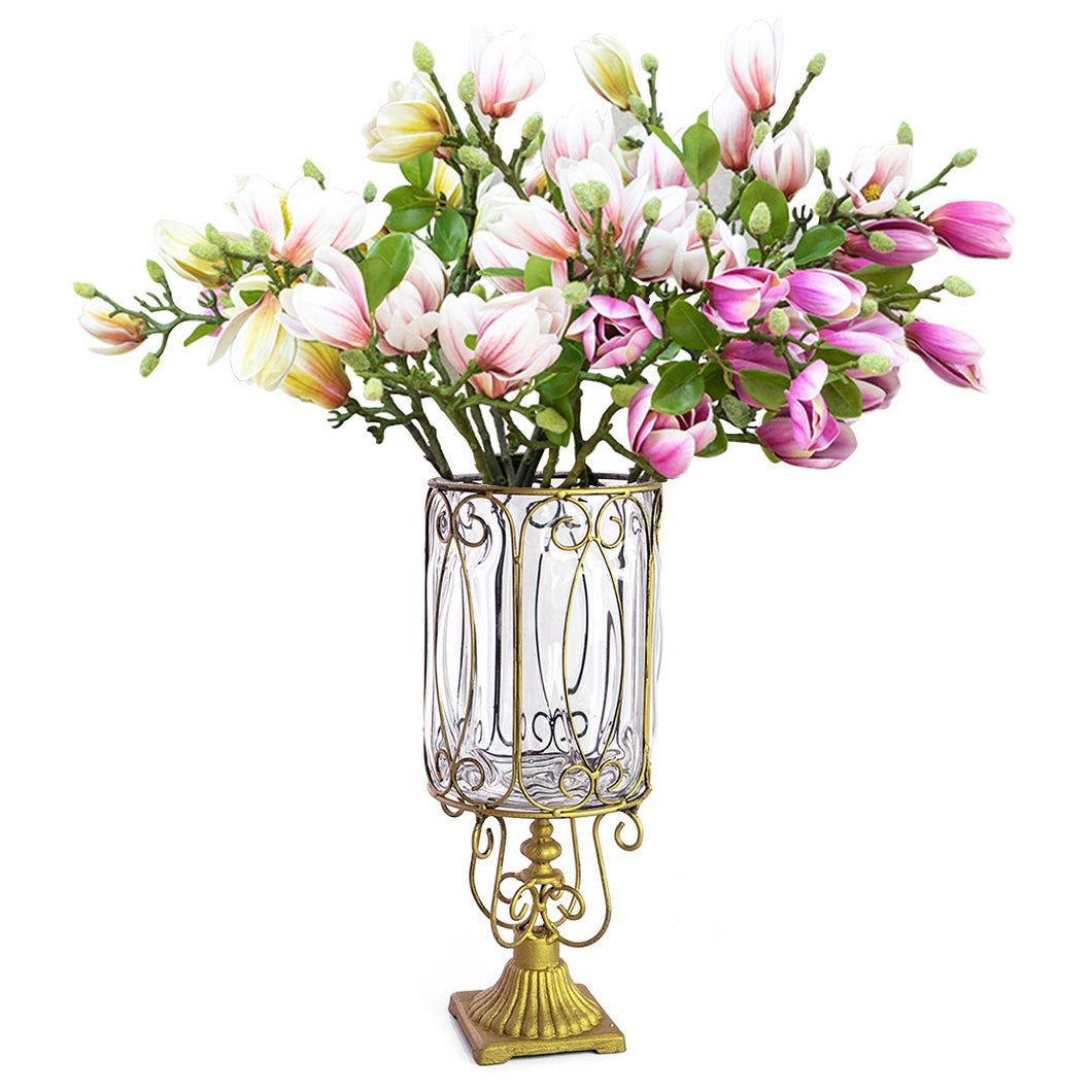 SOGA Clear Glass Cylinder Flower Vase with 6 Bunch 4 Heads Artificial Fake Silk Magnolia denudata Home Decor Set