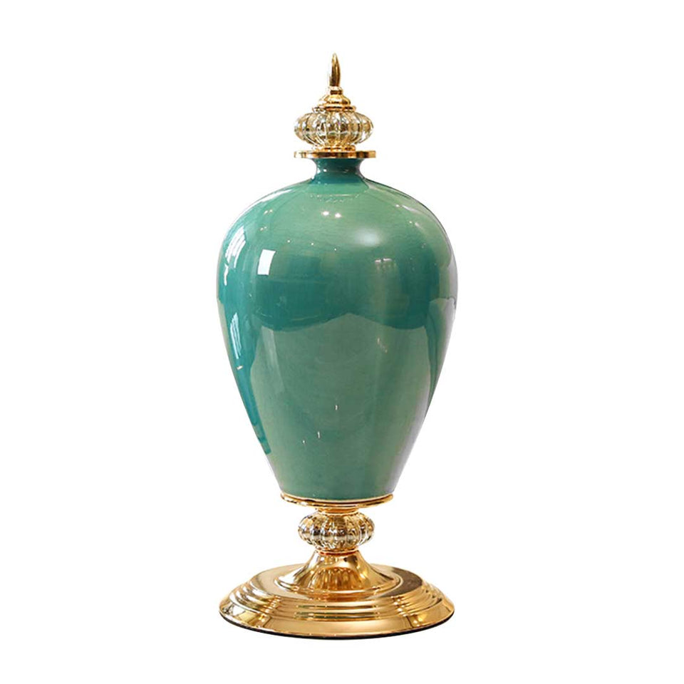 SOGA 42cm Ceramic Oval Flower Vase with Gold Metal Base Green