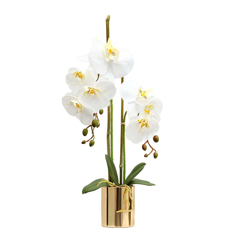 SOGA White Artificial Fake Orchid Flower in Copper Metal Vase Set