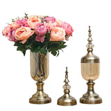 SOGA 2 x Clear Glass Flower Vase with Lid and Pink Flower Filler Vase Bronze Set