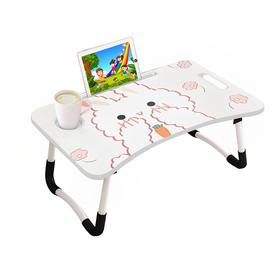 SOGA Cute Rabbit Design  Portable Bed Table Adjustable Foldable Bed Sofa Study Table Laptop Mini Desk with Drawer and Cup Slot Home Decor