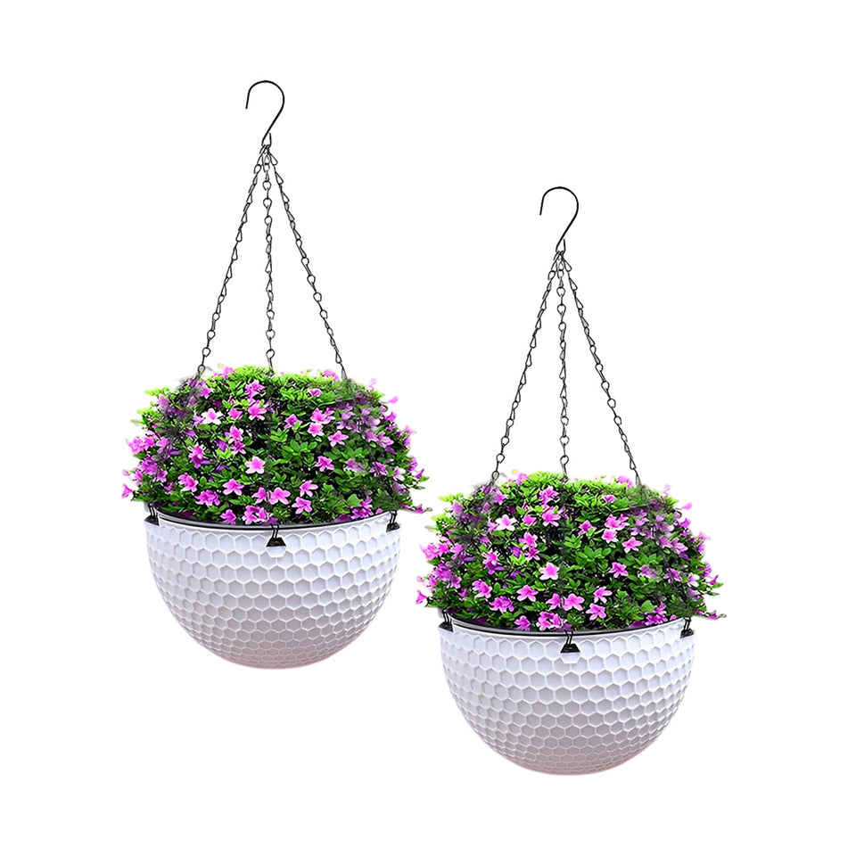 SOGA 2X White Small Hanging Resin Flower Pot Self Watering Basket Planter Outdoor Garden Decor