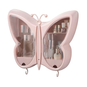 SOGA Pink Butterfly Shape Wall-Mounted Makeup Organiser Dustproof Waterproof Bathroom Storage Box Home Decor