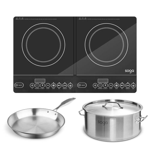 SOGA Dual Burners Cooktop Stove 17L Stainless Steel Stockpot 28cm and 30cm Induction Fry Pan