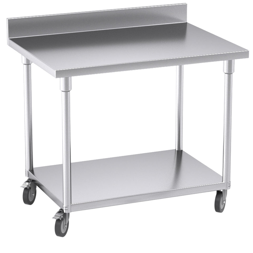 SOGA 100cm Commercial Catering Kitchen Stainless Steel Prep Work Bench Table with Backsplash and Caster Wheels