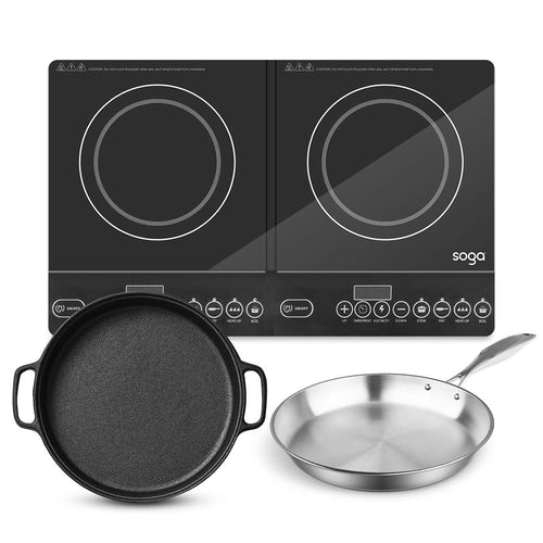 SOGA Dual Burners Cooktop Stove 30cm Cast Iron Frying Pan Skillet and 30cm Induction Fry Pan