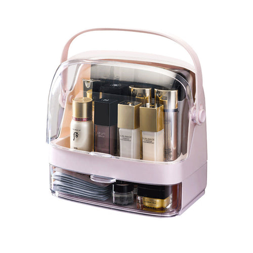 SOGA 2 Tier Pink Countertop Makeup Cosmetic Storage Organiser Skincare Holder Jewelry Storage Box with Handle