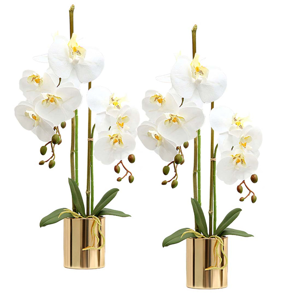SOGA 2X White Artificial Fake Orchid Flower in Copper Metal Vase Set