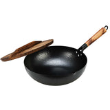 SOGA Commercial Iron Wok with Wooden Handle and Lid 32cm Non-Stick Fry Pan FryPan