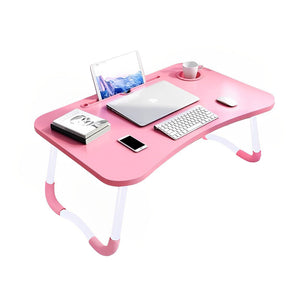 SOGA Pink Portable Bed Table Adjustable Folding Mini Desk Notebook Stand Card Slot Holder with Cup-Holder Home Decor