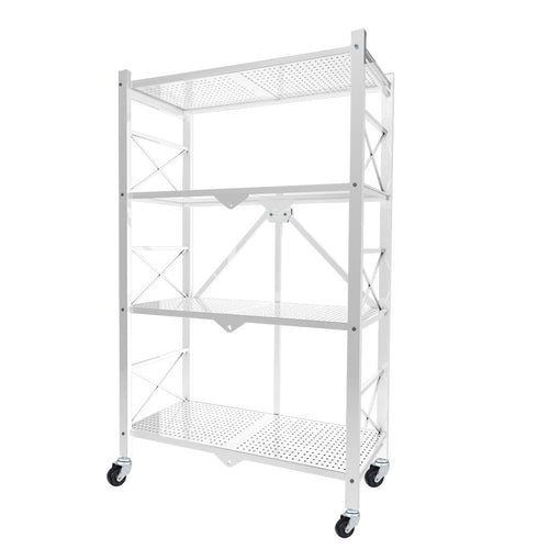 SOGA 4 Tier Steel White Foldable Display Stand Multi-Functional Shelves Storage Organizer with Wheels