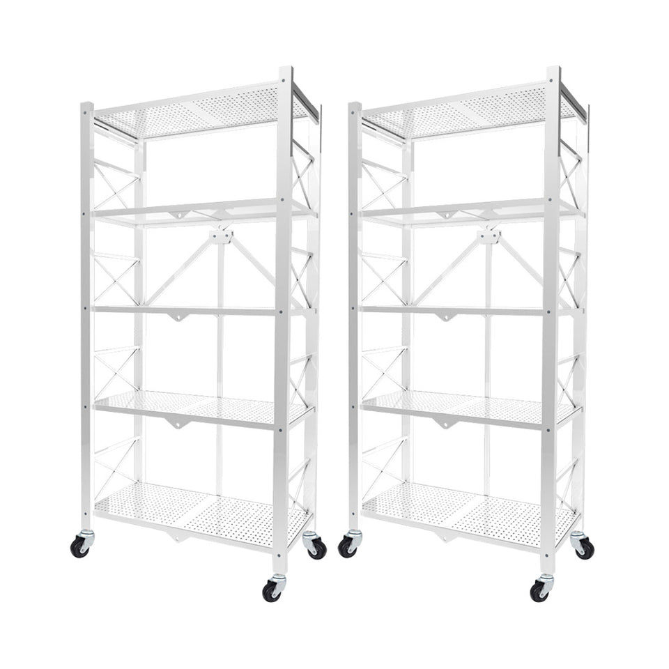 SOGA 2X 5 Tier Steel White Foldable Display Stand Multi-Functional Shelves Storage Organizer with Wheels