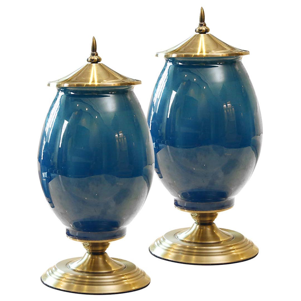 SOGA 2x 40cm Ceramic Oval Flower Vase with Gold Metal Base Dark Blue