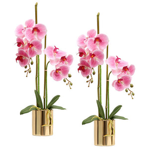 SOGA 2X Pink Artificial Fake Orchid Flower in Copper Metal Vase Set