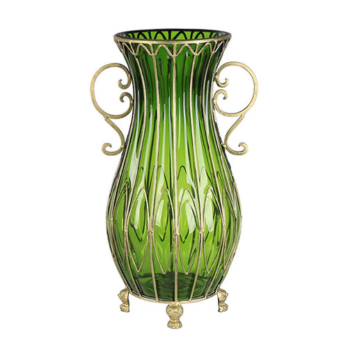 SOGA 51cm Green Glass Oval Floor Vase with Metal Flower Stand