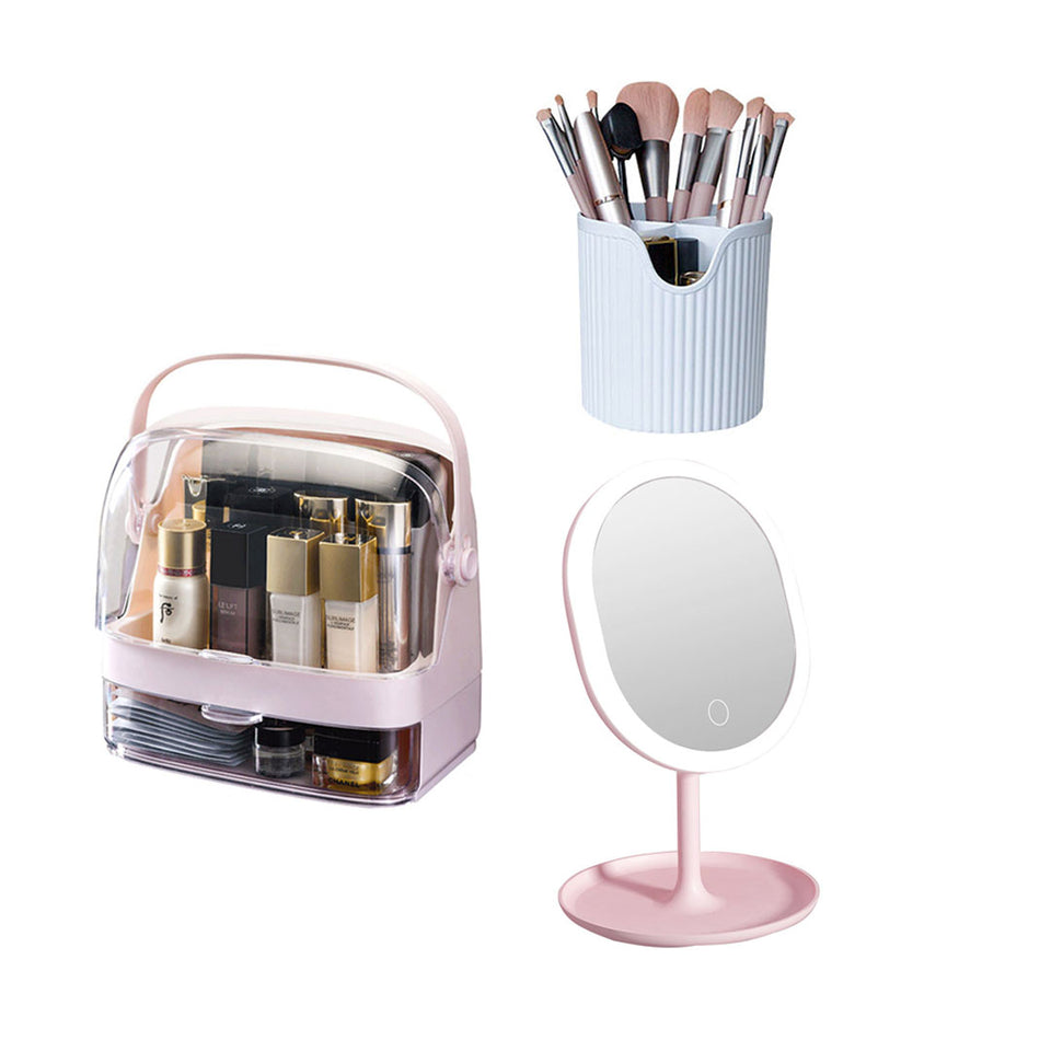 SOGA 2 Tier Pink Countertop Cosmetic Makeup Brush Lipstick Holder Organiser and 20cm Rechargeable LED Light Tabletop Mirror Set