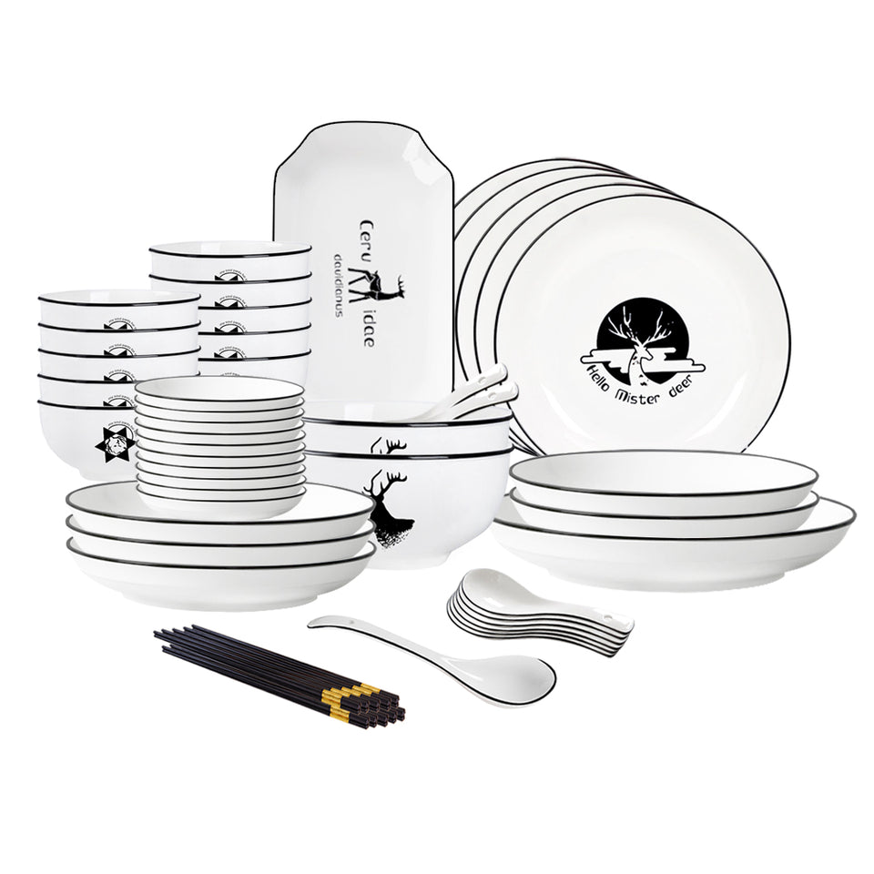 SOGA White Antler Printed Ceramic Dinnerware Set Crockery Soup Bowl Plate Server Kitchen Home Decor Set of 34