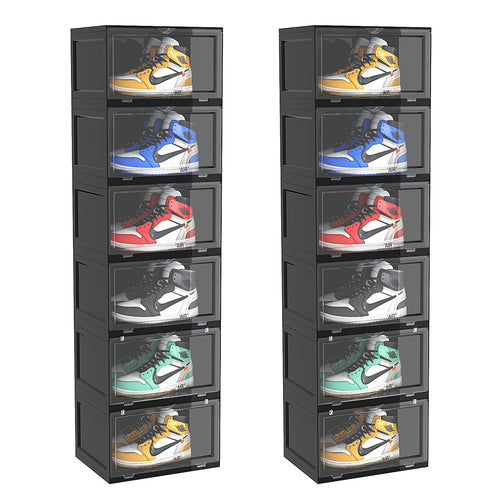 SOGA 2X 6 Tier Black Portable Shoe Organiser Sneaker Footwear Folding Plastic Bin Stackable Storage Box with Magnetic Door