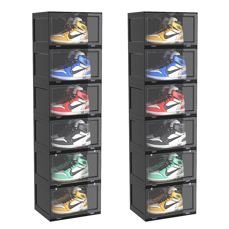 SOGA 2X 6 Tier Black Portable Shoe Organiser Sneaker Footwear Folding Plastic Bin Stackable Storage Box with Magnetic Door