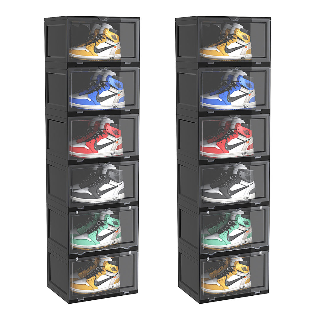 SOGA 2X 6 Tier Black Portable Shoe Organiser Sneaker Footwear Folding Plastic Bin Stackable Storage Box with Magnetic Door