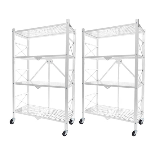 SOGA 2X 4 Tier Steel White Foldable Display Stand Multi-Functional Shelves Storage Organizer with Wheels