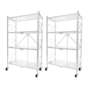 SOGA 2X 4 Tier Steel White Foldable Display Stand Multi-Functional Shelves Storage Organizer with Wheels