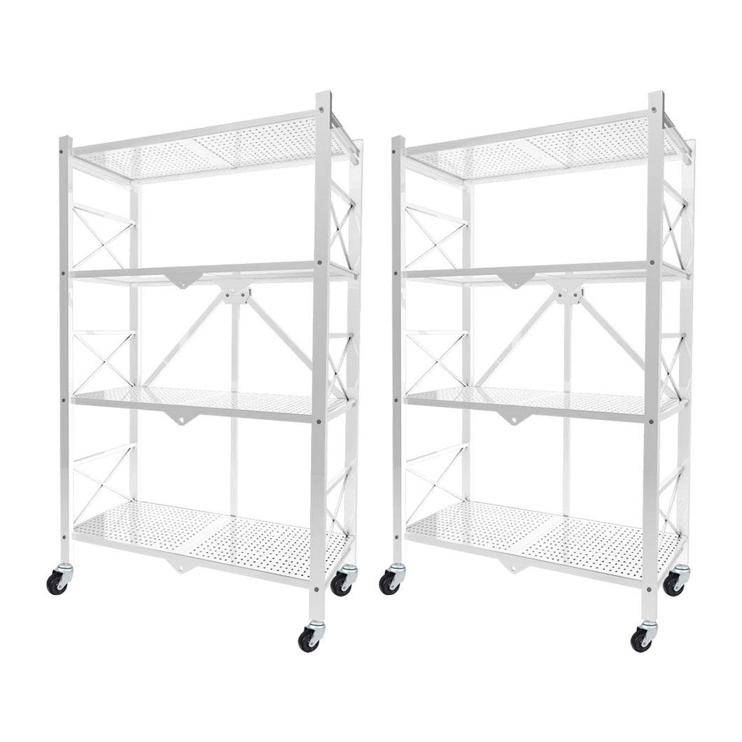 SOGA 2X 4 Tier Steel White Foldable Display Stand Multi-Functional Shelves Storage Organizer with Wheels