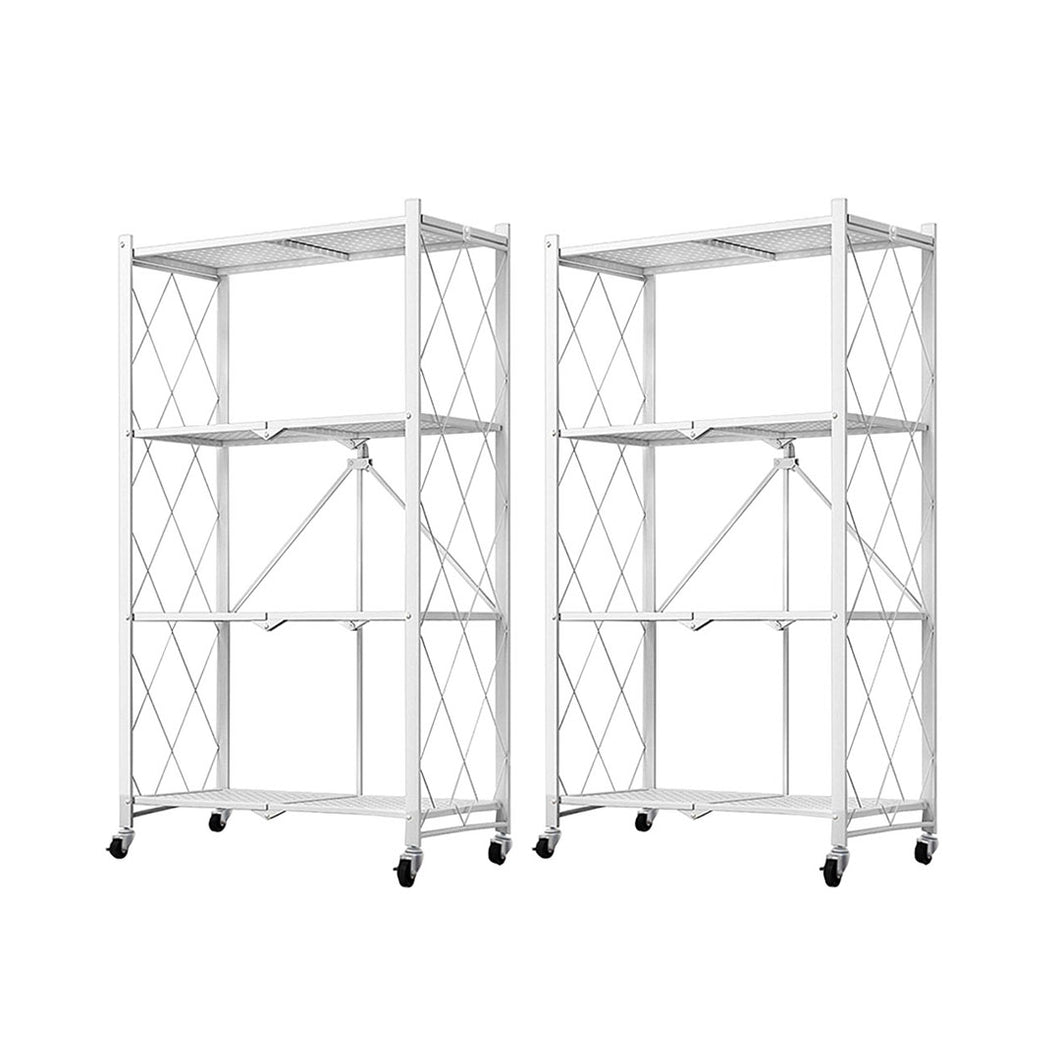 SOGA 2X 4 Tier Steel White Foldable Kitchen Cart Multi-Functional Shelves Storage Organizer with Wheels