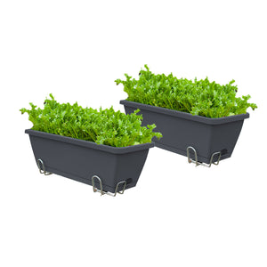 SOGA 49.5cm Black Rectangular Planter Vegetable Herb Flower Outdoor Plastic Box with Holder Balcony Garden Decor Set of 2