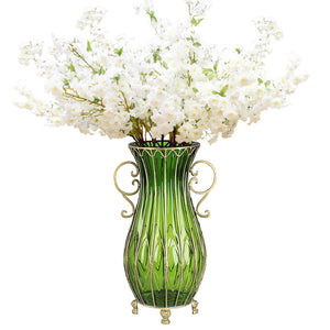 SOGA 51cm Green Glass Tall Floor Vase and 10pcs White Artificial Fake Flower Set