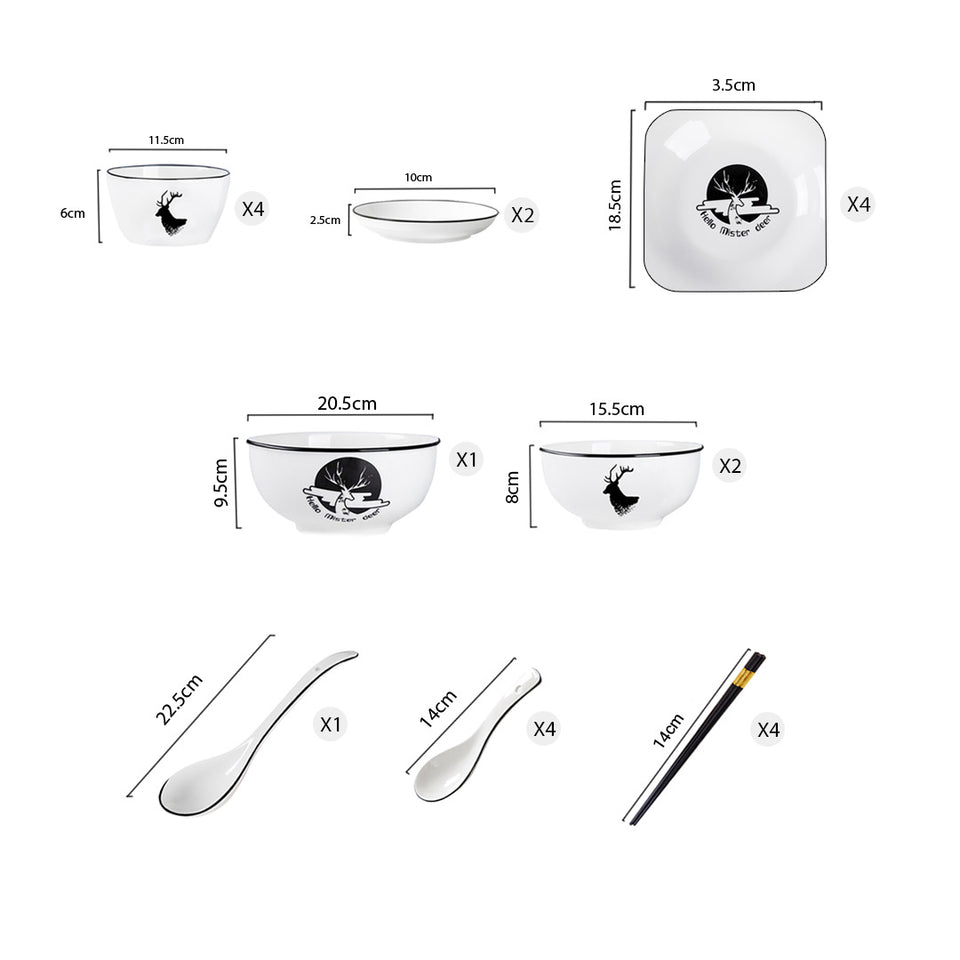 SOGA White Antler Printed Ceramic Dinnerware Set Crockery Soup Bowl Plate Server Kitchen Home Decor Set of 13