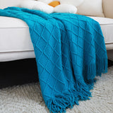 SOGA 2X Blue Diamond Pattern Knitted Throw Blanket Warm Cozy Woven Cover Couch Bed Sofa Home Decor with Tassels