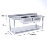 SOGA Stainless Steel Work Bench Right Dual Sink Commercial Restaurant Kitchen Food Prep Table 160*70*85