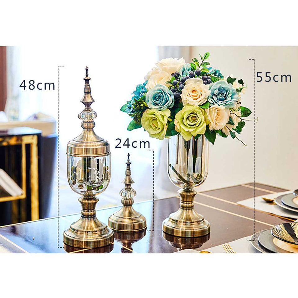 SOGA 2x Clear Glass Flower Vase with Lid and White Flower Filler Vase Bronze Set